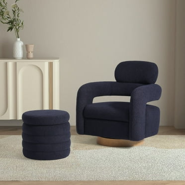 WestinTrends Alexandria Mid-Century Modern Sherpa Swivel Barrel Accent Chair With Storage Ottoman, Navy Blue