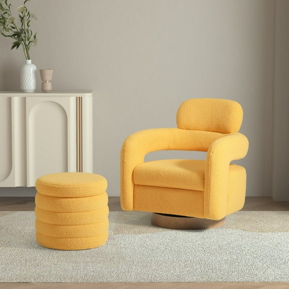 WestinTrends Alexandria Mid-Century Modern Sherpa Swivel Barrel Accent Chair With Storage Ottoman, Sunset Gold