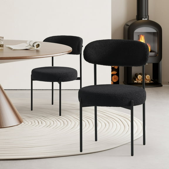 WestinTrends Alexandria Mid-Century Modern Upholstered Sherpa Round Dining Chairs (Set of 2), Black