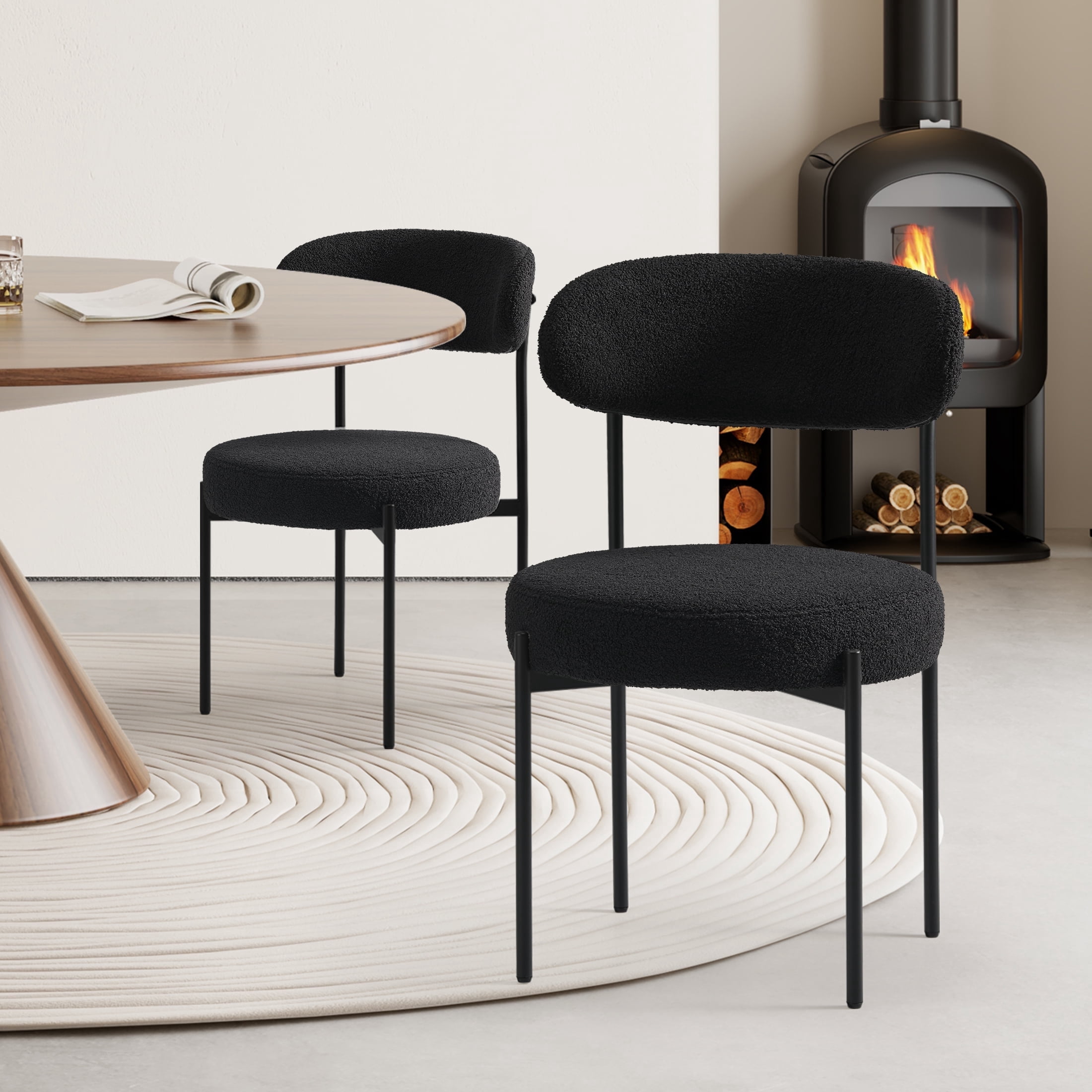 WestinTrends Alexandria Mid-Century Modern Upholstered Sherpa Round Dining Chairs (Set of 2), Black