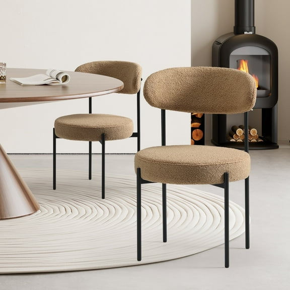 WestinTrends Alexandria Mid-Century Modern Upholstered Sherpa Round Dining Chairs (Set of 2), Camel