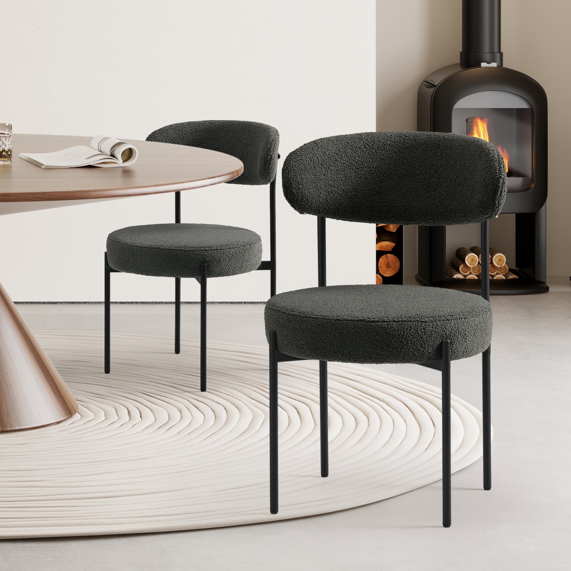 WestinTrends Alexandria Mid-Century Modern Upholstered Sherpa Round Dining Chairs (Set of 2), Charcoal Gray