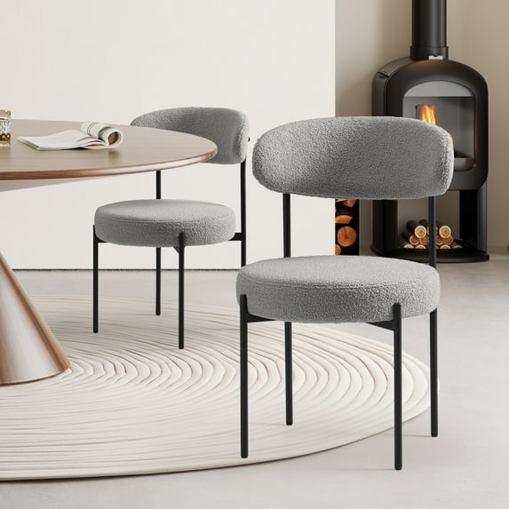 WestinTrends Alexandria Mid-Century Modern Upholstered Sherpa Round Dining Chairs (Set of 2), Light Gray