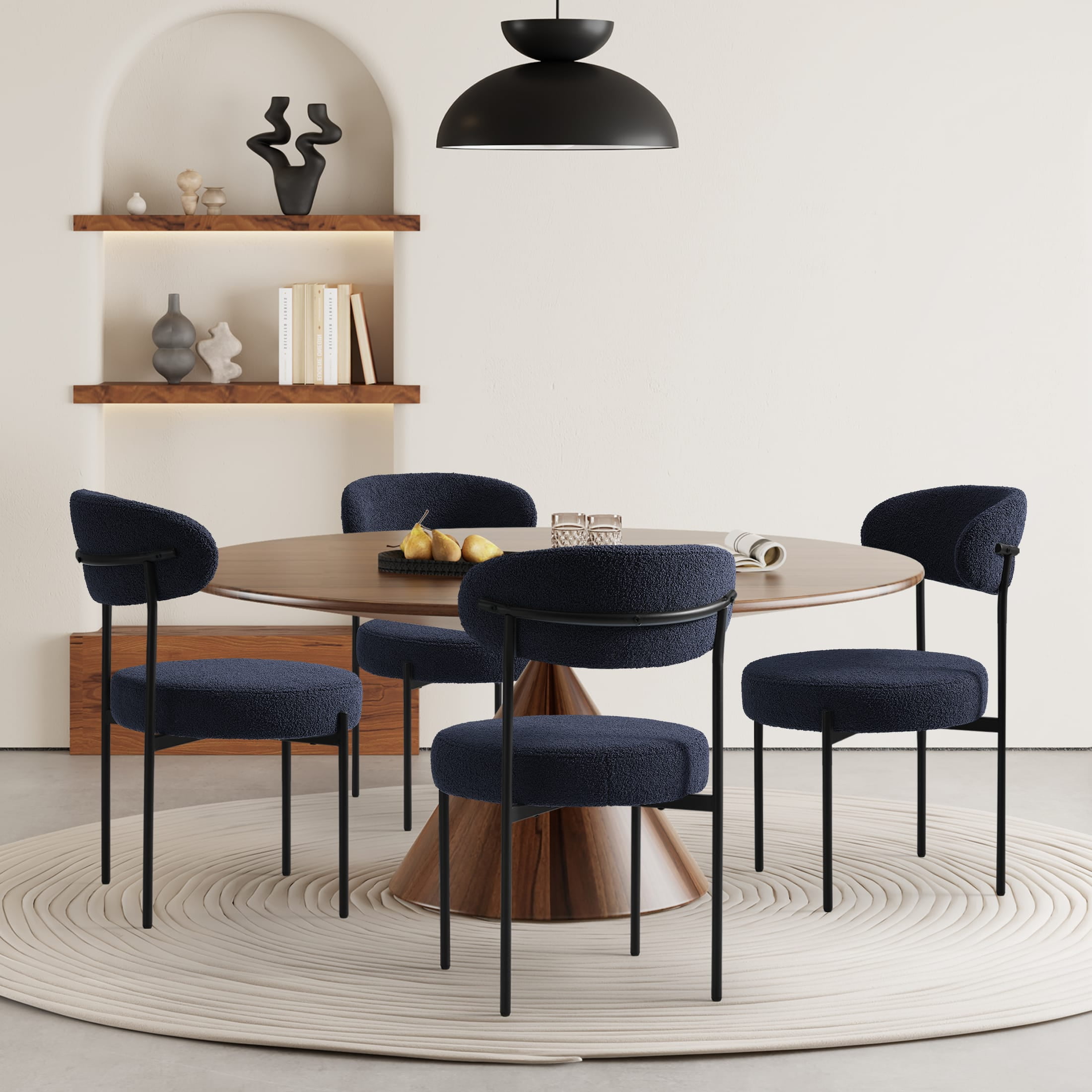 WestinTrends Alexandria Mid-Century Modern Upholstered Sherpa Round Dining Chairs (Set of 4), Navy Blue