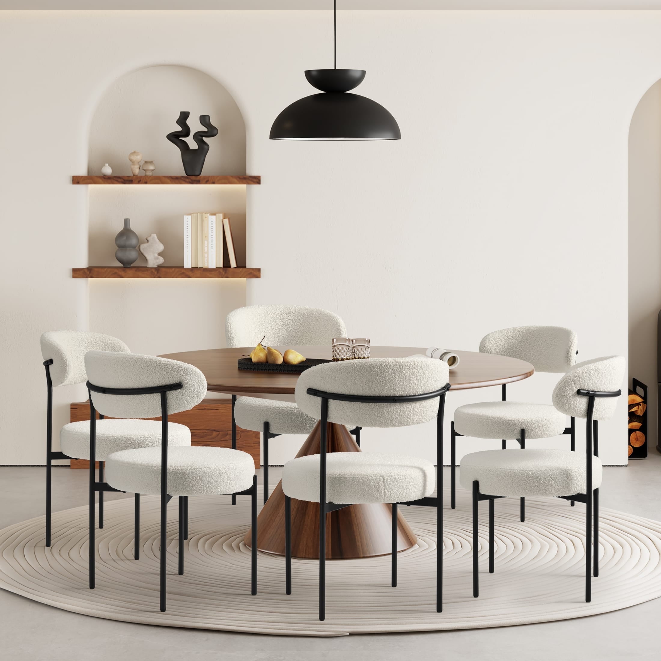 WestinTrends Alexandria Mid-Century Modern Upholstered Sherpa Round Dining Chairs (Set of 6), Cream