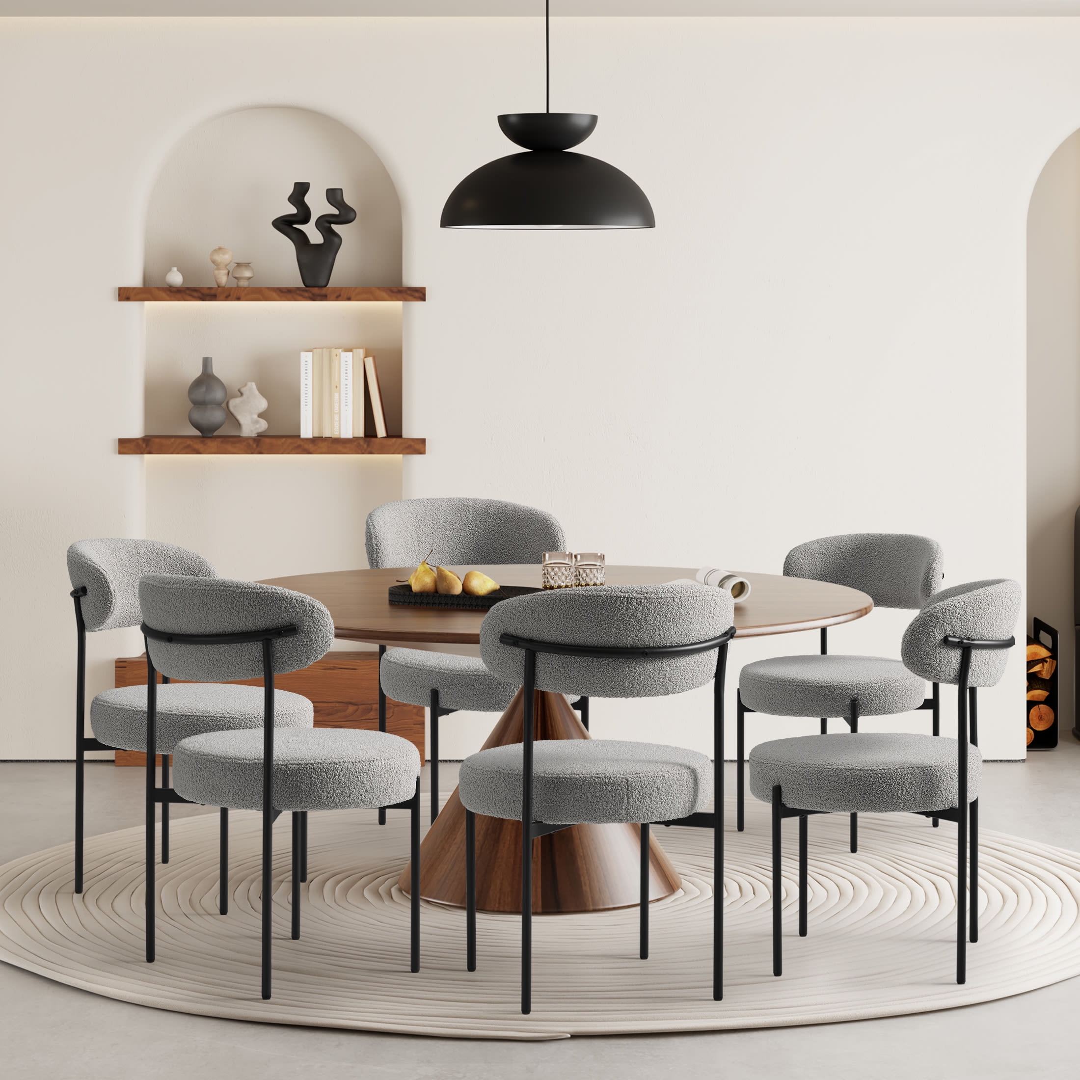 WestinTrends Alexandria Mid-Century Modern Upholstered Sherpa Round Dining Chairs (Set of 6), Light Gray