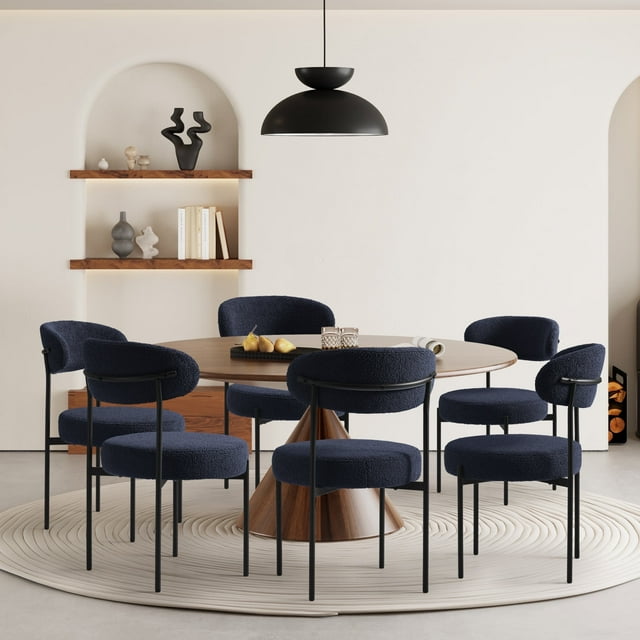 WestinTrends Alexandria Mid-Century Modern Upholstered Sherpa Round Dining Chairs (Set of 6), Navy Blue