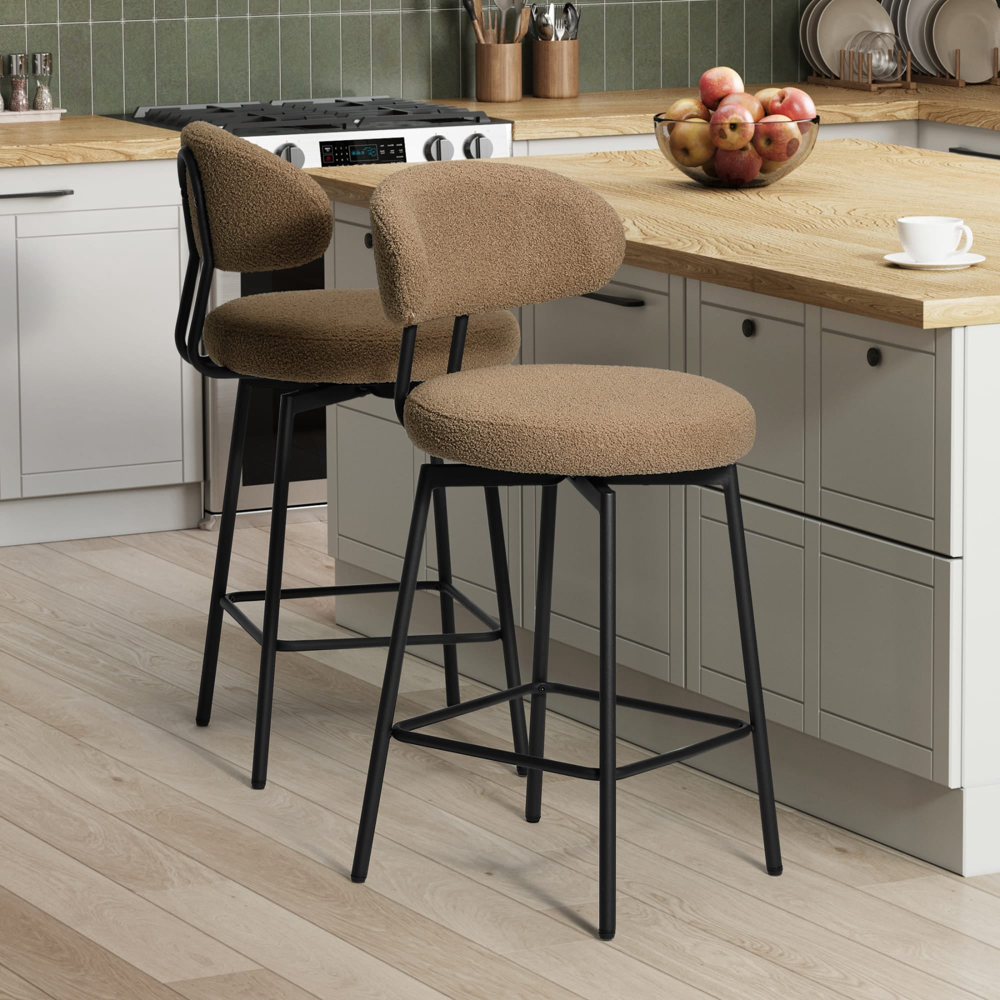 WestinTrends Alexandria Modern Upholstered Sherpa Fabric Counter Height Bar Stools with Back (Set of 2), Camel