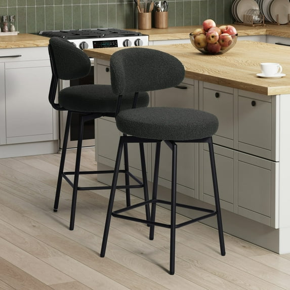 WestinTrends Alexandria Modern Upholstered Sherpa Fabric Counter Height Bar Stools with Back (Set of 2), Charcoal Gray
