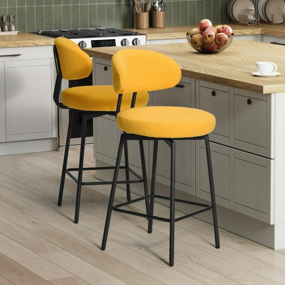 WestinTrends Alexandria Modern Upholstered Sherpa Fabric Counter Height Bar Stools with Back (Set of 2), Sunset Gold