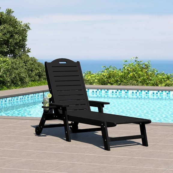 WestinTrends Aruba Outdoor HDPE Patio Chaise Lounge With Wheels & Cup Holder, Black