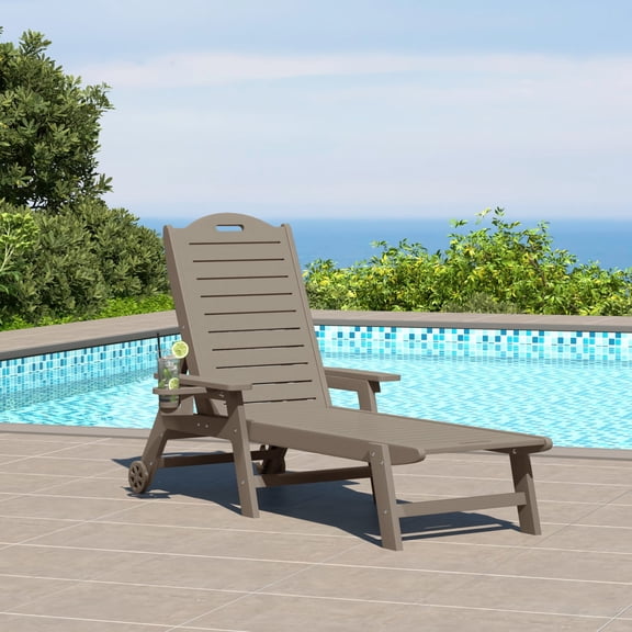 WestinTrends Aruba Outdoor HDPE Patio Chaise Lounge With Wheels & Cup Holder, Weathered Wood
