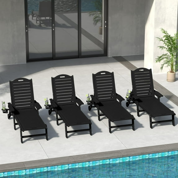 WestinTrends Aruba Outdoor HDPE Patio Chaise Lounges With Wheels & Cup Holder (Set of 4), Black