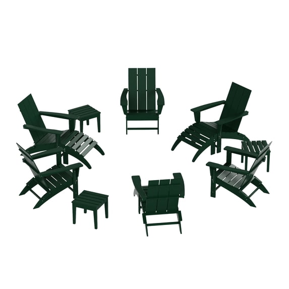 WestinTrends Ashore 12 Pieces Adirondack Chairs Set, All Weather Poly Lumber Adirondack Chairs with Ottoman and Side Table Patio Conversation Outdoor Furniture Set, Dark Green