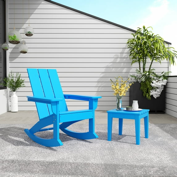 WestinTrends Ashore 2 Piece Patio Rocking Chair Set, All Weather Poly Lumber Adirondack Rocker Deck Porch Patio Chair with Large Side Table, Pacific Blue