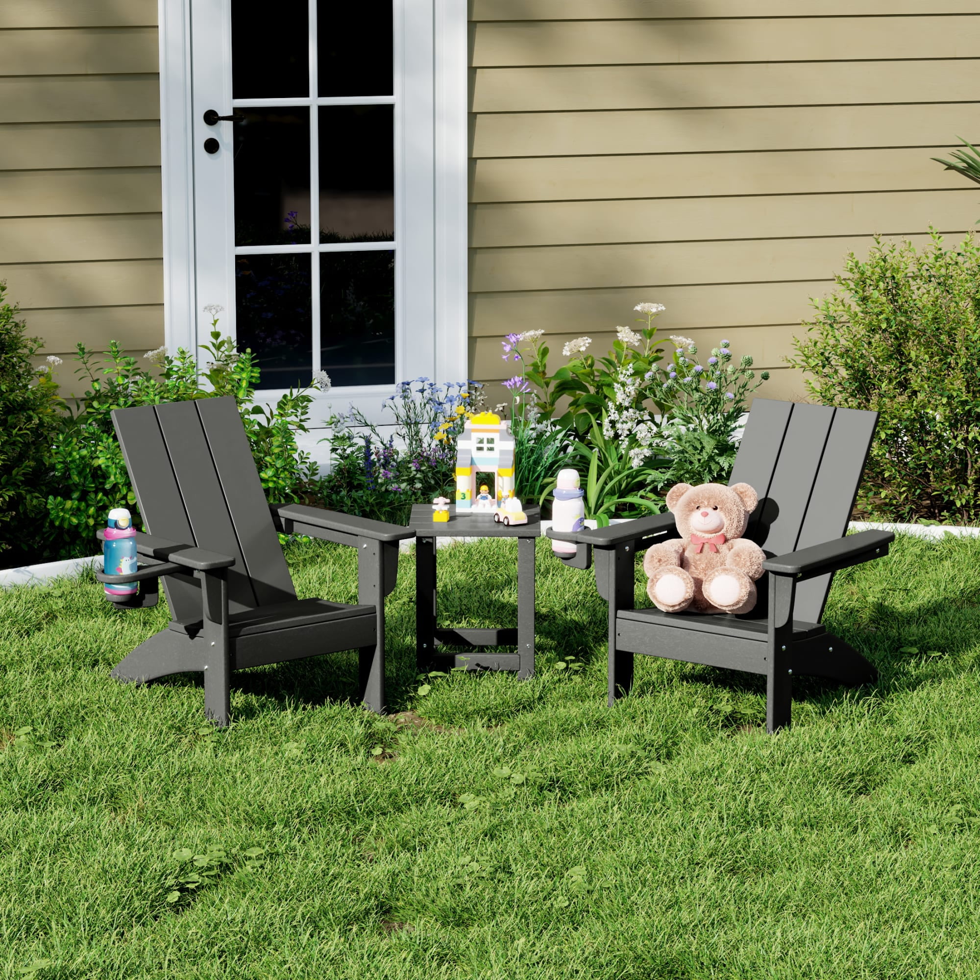 WestinTrends Ashore 3-Piece Kids HDPE Modern Adirondack Chairs Set with Square Side Table and Cup Holders, Gray