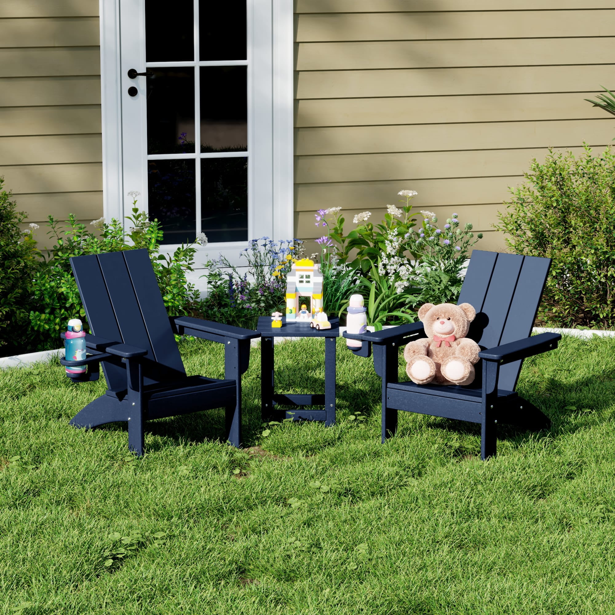 WestinTrends Ashore 3-Piece Kids HDPE Modern Adirondack Chairs Set with Square Side Table and Cup Holders, Navy Blue