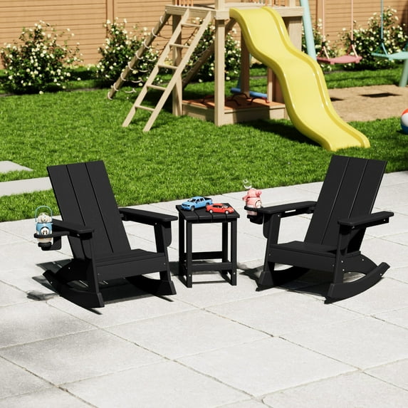 WestinTrends Ashore 3-Piece Kids Modern Rocking Chair With Cup Holder and Square Side Table Set, Black
