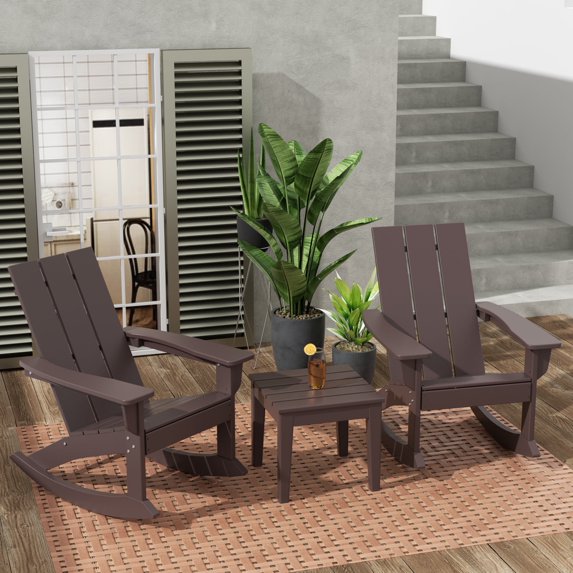 WestinTrends Ashore 3 Piece Patio Rocking Chair Set, All Weather Poly Lumber Adirondack Rocker Bistro Set Porch Patio Chairs Set of 2 with Large Side Table, Dark Brown