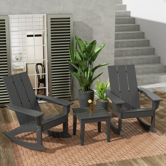 WestinTrends Ashore 3 Piece Patio Rocking Chair Set, All Weather Poly Lumber Adirondack Rocker Bistro Set Porch Patio Chairs Set of 2 with Large Side Table, Gray