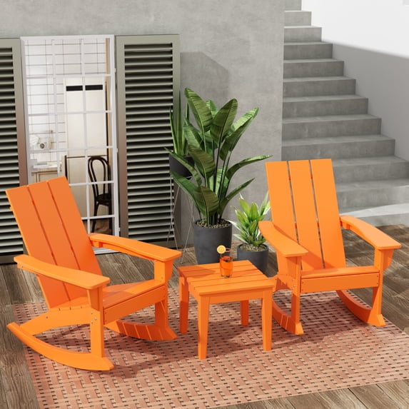 WestinTrends Ashore 3 Piece Patio Rocking Chair Set, All Weather Poly Lumber Adirondack Rocker Bistro Set Porch Patio Chairs Set of 2 with Large Side Table, Orange