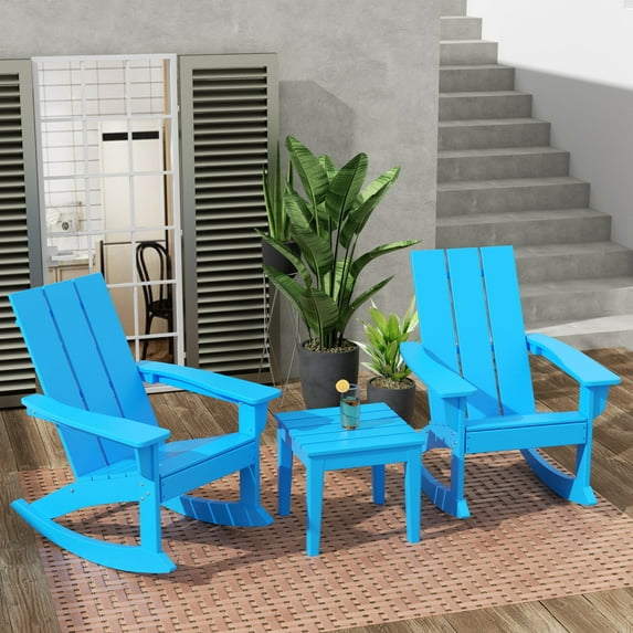 WestinTrends Ashore 3 Piece Patio Rocking Chair Set, All Weather Poly Lumber Adirondack Rocker Bistro Set Porch Patio Chairs Set of 2 with Large Side Table, Pacific Blue