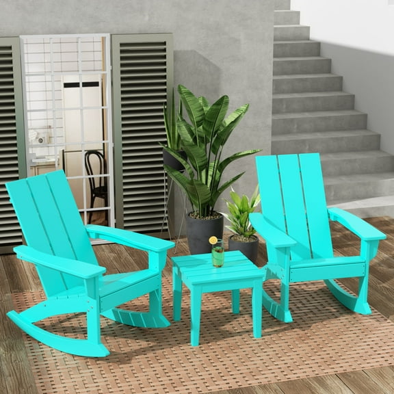 WestinTrends Ashore 3 Piece Patio Rocking Chair Set, All Weather Poly Lumber Adirondack Rocker Bistro Set Porch Patio Chairs Set of 2 with Large Side Table, Turquoise