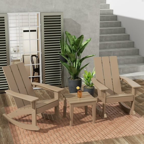 WestinTrends Ashore 3 Piece Patio Rocking Chair Set, All Weather Poly Lumber Adirondack Rocker Bistro Set Porch Patio Chairs Set of 2 with Large Side Table, Weathered Wood