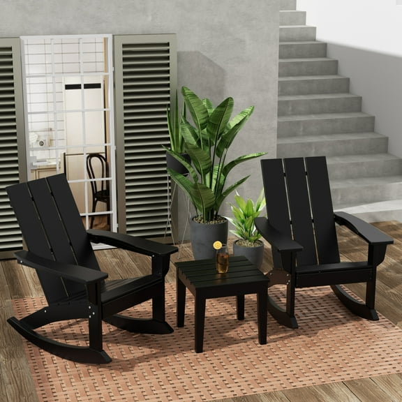 WestinTrends Ashore 3 Piece Patio Rocking Chair Set, All Weather Poly Lumber Adirondack Rocker Bistro Set Porch Patio Chairs Set of 2 with Large Side Table, Black