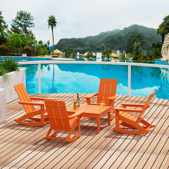 WestinTrends Ashore 5 Piece Patio Rocking Chair Set, All Weather Poly Lumber Adirondack Rocker Conversation Set Porch Patio Chairs Set of 4 with Low Coffee Table, Orange