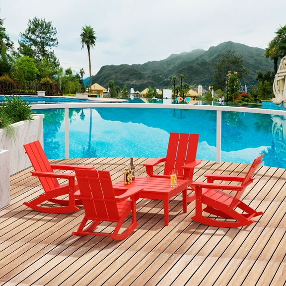 WestinTrends Ashore 5 Piece Patio Rocking Chair Set, All Weather Poly Lumber Adirondack Rocker Conversation Set Porch Patio Chairs Set of 4 with Low Coffee Table, Red