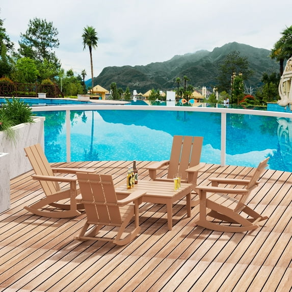 WestinTrends Ashore 5 Piece Patio Rocking Chair Set, All Weather Poly Lumber Adirondack Rocker Conversation Set Porch Patio Chairs Set of 4 with Low Coffee Table, Teak