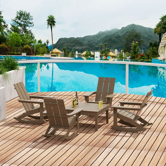 WestinTrends Ashore 5 Piece Patio Rocking Chair Set, All Weather Poly Lumber Adirondack Rocker Conversation Set Porch Patio Chairs Set of 4 with Low Coffee Table, Weathered Wood