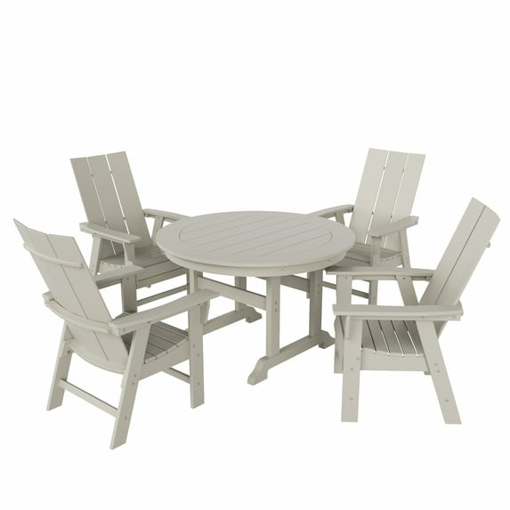 WestinTrends Ashore 5 Pieces Adirondack Outdoor Dining Set, All Weather Poly Lumber Slatted Modern Farmhouse Patio Furniture Set, 47" Trestle Round Table and 4 Adirondack Dining Chair, Sand