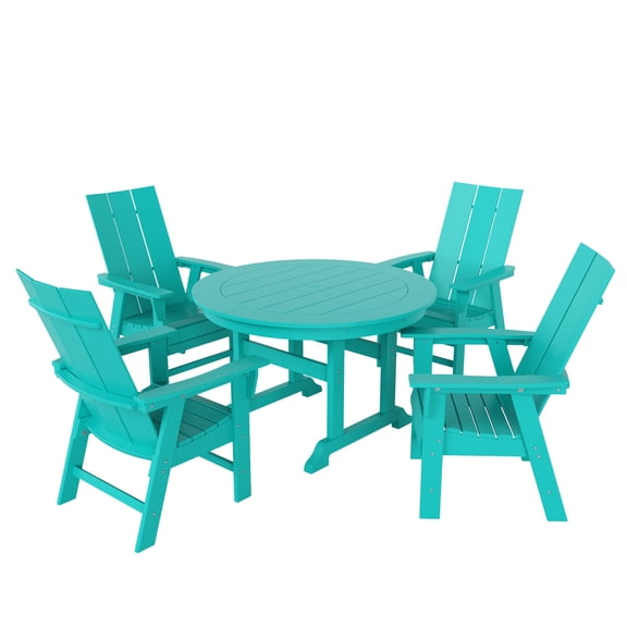 WestinTrends Ashore 5 Pieces Adirondack Outdoor Dining Set, All Weather Poly Lumber Slatted Modern Farmhouse Patio Furniture Set, 47" Trestle Round Table and 4 Adirondack Dining Chair, Turquoise