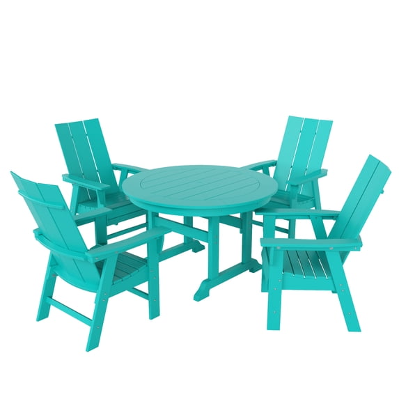 WestinTrends Ashore 5 Pieces Adirondack Outdoor Dining Set, All Weather Poly Lumber Slatted Modern Farmhouse Patio Furniture Set, 47" Trestle Round Table and 4 Adirondack Dining Chair, Turquoise