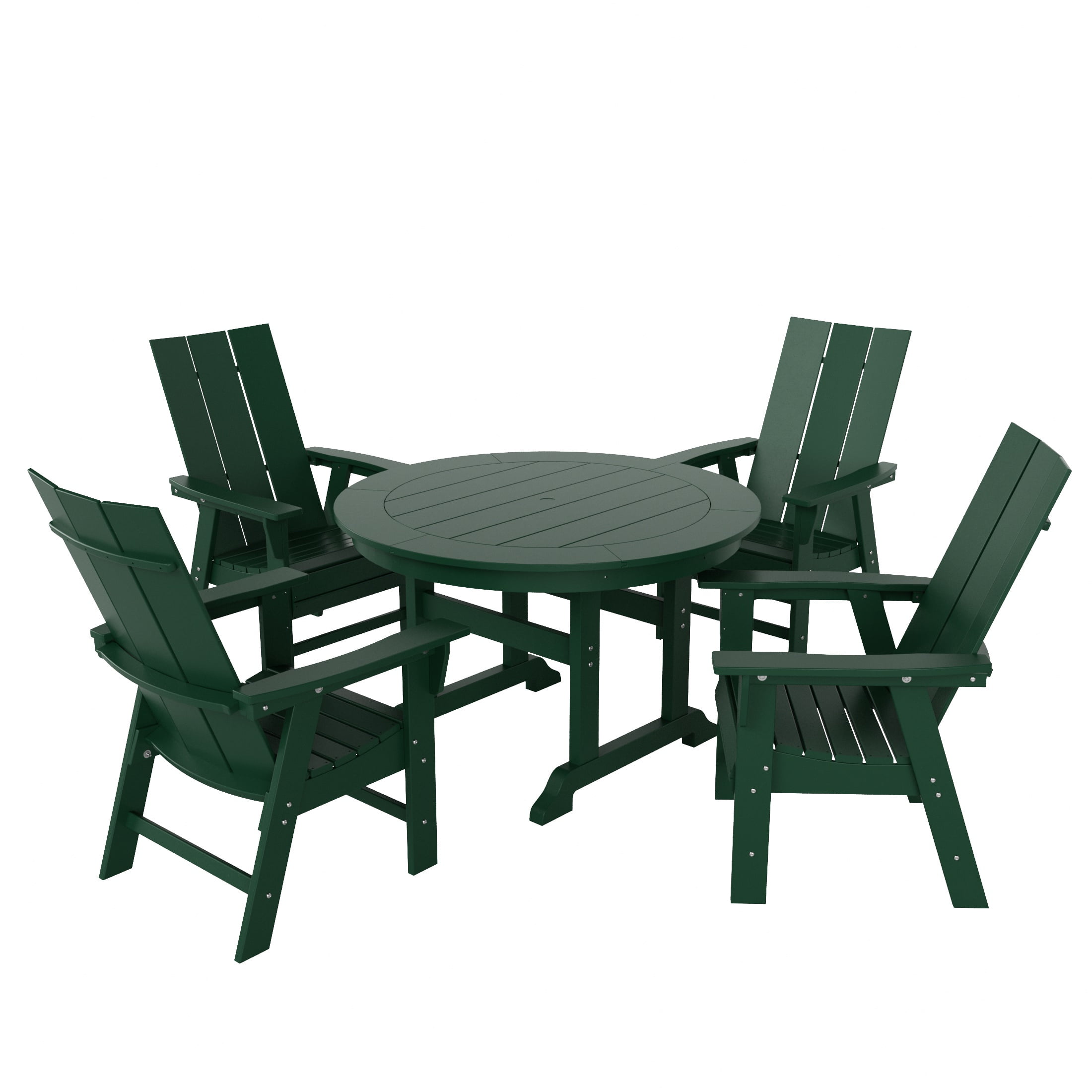 WestinTrends Ashore 5 Pieces Adirondack Outdoor Dining Set, All Weather Poly Lumber Slatted Modern Farmhouse Patio Furniture Set, 47" Trestle Round Table and 4 Adirondack Dining Chair, Dark Green