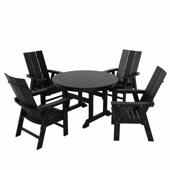 WestinTrends Ashore 5 Pieces Adirondack Outdoor Dining Set, All Weather Poly Lumber Slatted Modern Farmhouse Patio Furniture Set, 47" Trestle Round Table and 4 Adirondack Dining Chair, Black