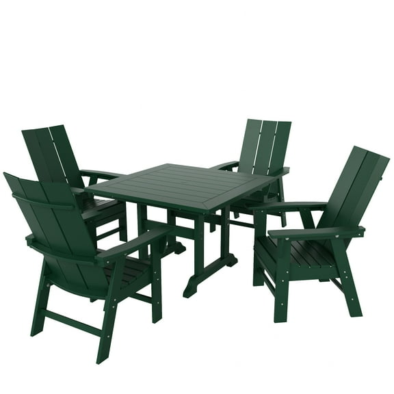 WestinTrends Ashore 5 Pieces Adirondack Patio Dining Set, All Weather Poly Lumber Slatted Modern Farmhouse Outdoor Furniture Set, 43" Trestle Square Table and 4 Adirondack Dining Chair, Dark Green
