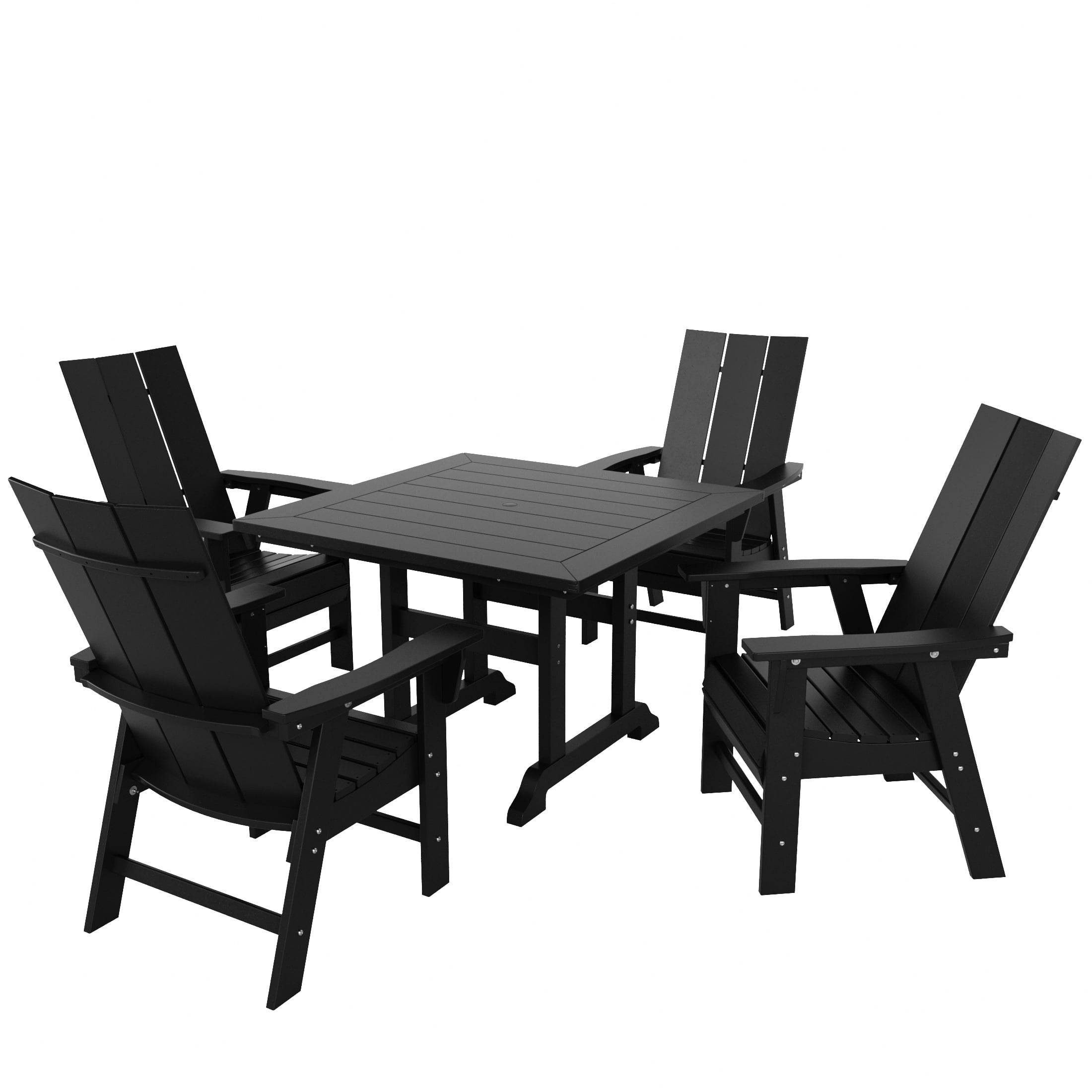 WestinTrends Ashore 5 Pieces Adirondack Patio Dining Set, All Weather Poly Lumber Slatted Modern Farmhouse Outdoor Furniture Set, 43" Trestle Square Table and 4 Adirondack Dining Chair, Black