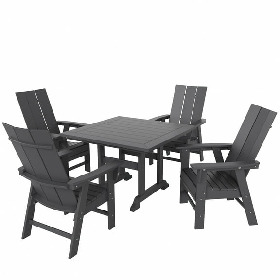 WestinTrends Ashore 5 Pieces Adirondack Patio Dining Set, All Weather Poly Lumber Slatted Modern Farmhouse Outdoor Furniture Set, 43" Trestle Square Table and 4 Adirondack Dining Chair, Gray
