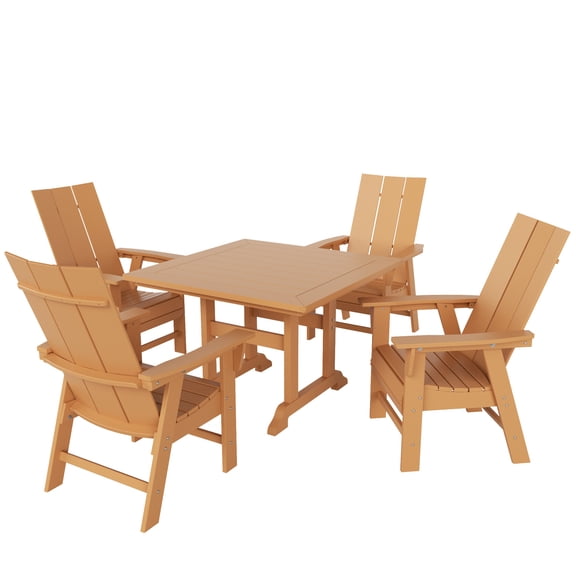 WestinTrends Ashore 5 Pieces Adirondack Patio Dining Set, All Weather Poly Lumber Slatted Modern Farmhouse Outdoor Furniture Set, 43" Trestle Square Table and 4 Adirondack Dining Chair, Teak
