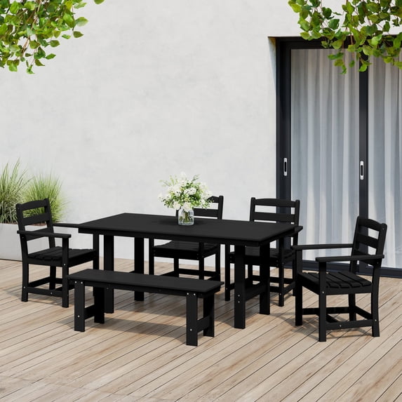 WestinTrends Ashore 6-Piece Outdoor HDPE Patio Dining Table Set with Bench, Black