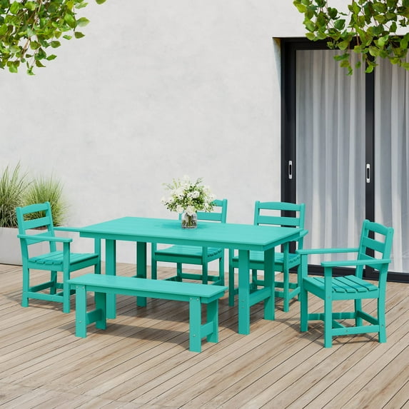 WestinTrends Ashore 6-Piece Outdoor HDPE Patio Dining Table Set with Bench, Turquoise