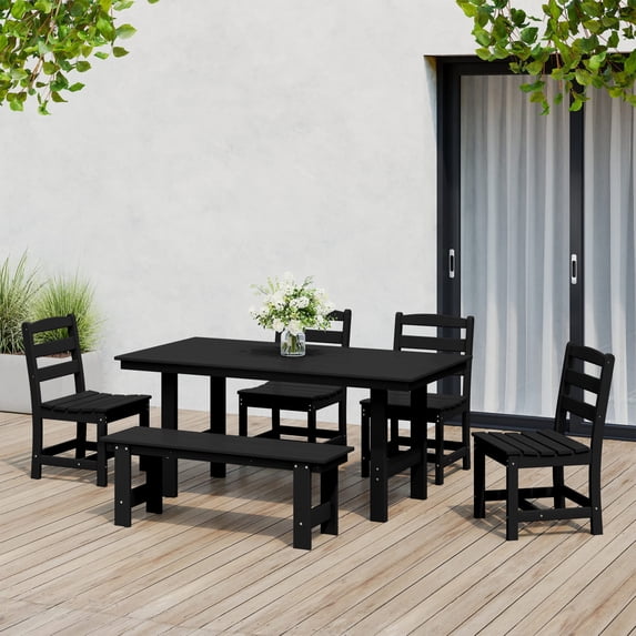 WestinTrends Ashore 6-Piece Outdoor HDPE Rectangular Patio Dining Table Set with Bench, Black