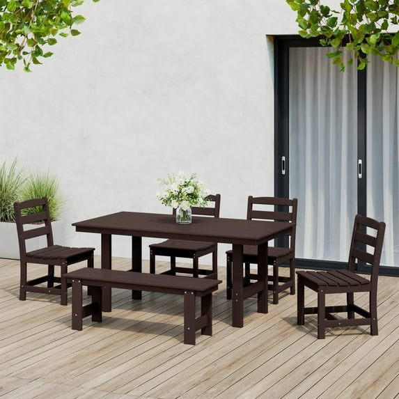 WestinTrends Ashore 6-Piece Outdoor HDPE Rectangular Patio Dining Table Set with Bench, Dark Brown