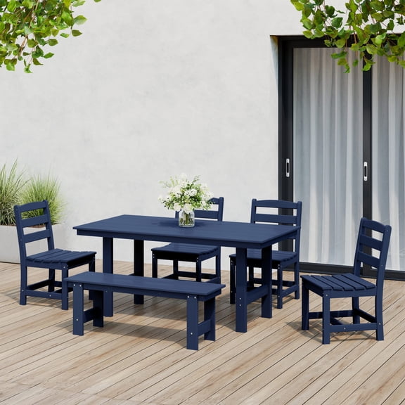WestinTrends Ashore 6-Piece Outdoor HDPE Rectangular Patio Dining Table Set with Bench, Navy Blue