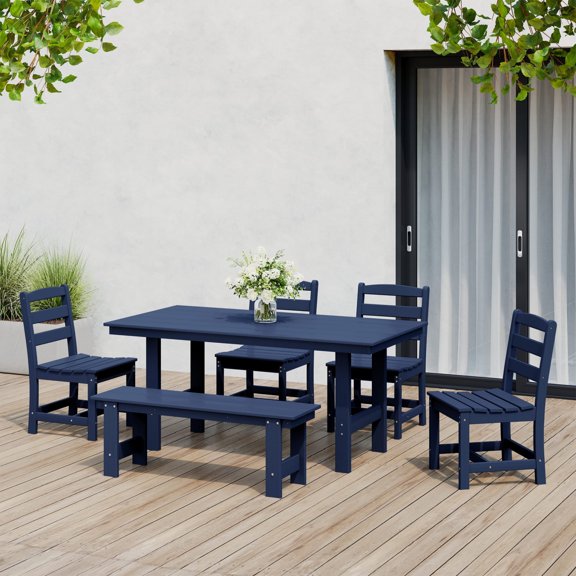 WestinTrends Ashore 6-Piece Outdoor HDPE Rectangular Patio Dining Table Set with Bench, Navy Blue