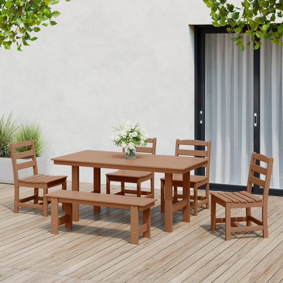 WestinTrends Ashore 6-Piece Outdoor HDPE Rectangular Patio Dining Table Set with Bench, Teak