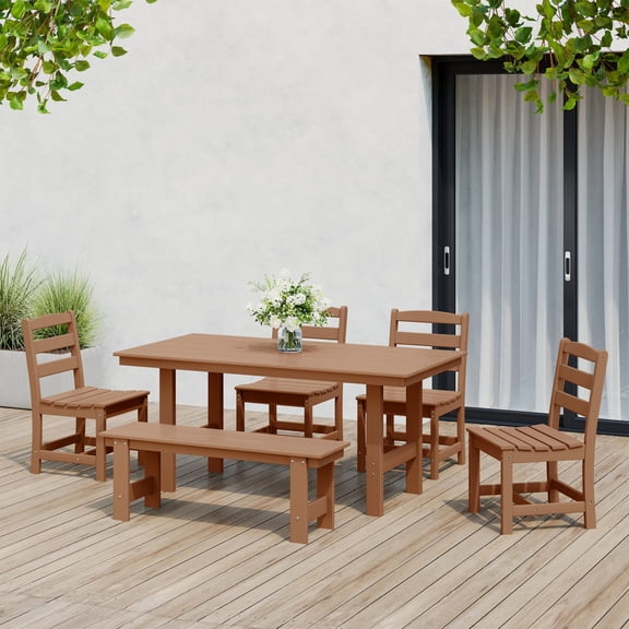 WestinTrends Ashore 6-Piece Outdoor HDPE Rectangular Patio Dining Table Set with Bench, Teak